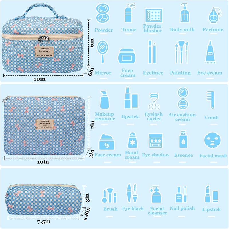 Gosect 3PC Makeup Bag Set, Cute Cosmetic Bag for Women Girls, Floral Coquette Aesthetic Toiletry Bag, Travel Make Up Organizer Bag（Blue Check） - Image 2